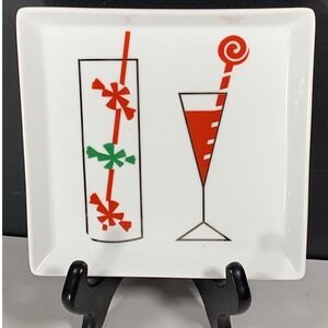 Crate Barrel Square Dessert Plate Cocktail Drink Glasses Red Green Whimsical